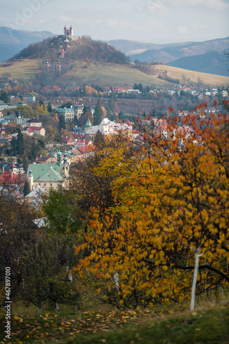 Historical mining city Banska Stiavnica in autumn  Calvary in the background  Slovakia