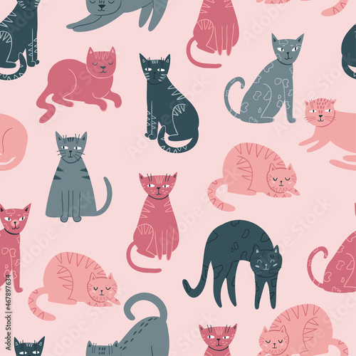 seamless pattern with cute cats of different colors. cats in different poses. flat vector illustration isolated on white background.