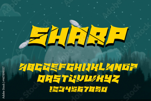 3d sharp Modern horror Alphabet Font. Typography urban style fonts for technology, digital, movie logo design.stars, moon, trees background silhouette horror, and wallpaper Halloween theme.