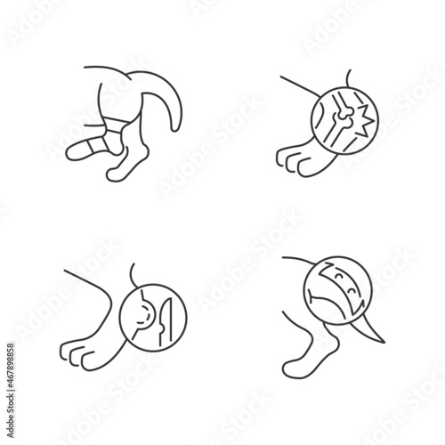 Animal injuries linear icons set. Pet physical diseases. Limb sprains and trauma. Surgical treatment. Customizable thin line contour symbols. Isolated vector outline illustrations. Editable stroke