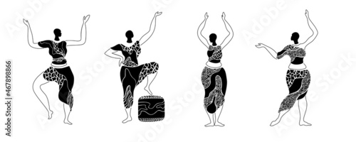 Traditional south cultures afro lady silhouette.Tribal woman ethnic model.Young african women dancing.fabric texture.Animal skin texture.Decoration beauty design isolated.Group of people