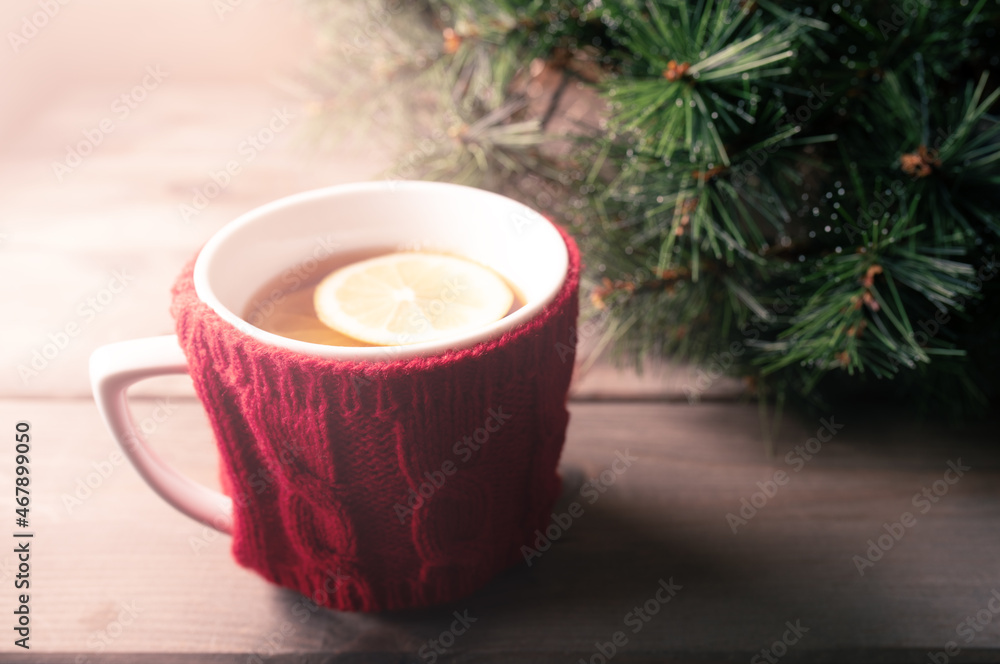 Knitted woolen mug with warm tea and lemon in the sunlight. Knitted woolen mug with warm tea and lemon in the sunlight.