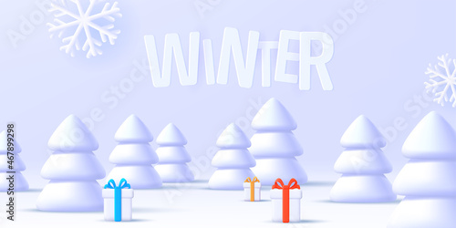 Winter white background with 3d Christmas trees and gift box, volume objects and snowflakes