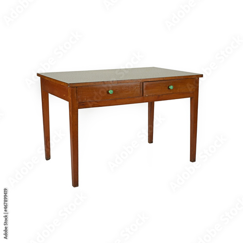 Retro wooden desk table on white background 