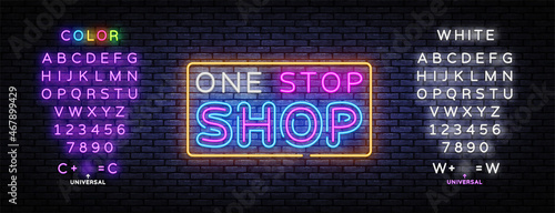 One Stop Shop neon sign vector. Shoping Design template, light banner, night signboard, nightly bright advertising, light inscription. Vector illustration. Editing text neon sign