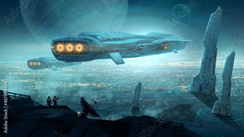 Fototapeta Naklejka Na Ścianę i Meble -  Space ships over an alien landscape - digital illustration