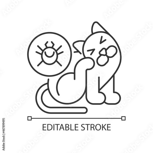 Fleas and ticks linear icon. Animal parasites. Blood feeding insects. Pet diseases carriers. Thin line customizable illustration. Contour symbol. Vector isolated outline drawing. Editable stroke