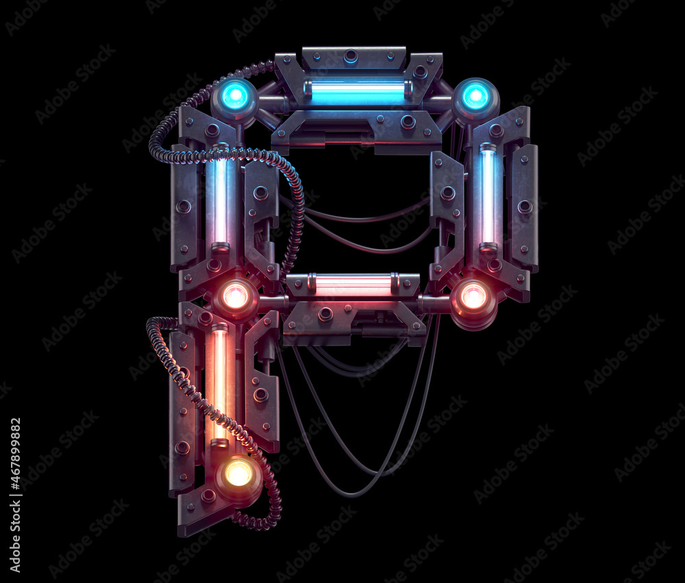 Futuristic metal font. Light neon. Letter P. Futuristic metal font. Light neon. Letter P.