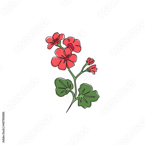 One continuous line drawing beauty fresh geranium for wall decor home print art poster. Printable decorative cranesbills flower concept for card ornament. Tingle line draw design vector illustration