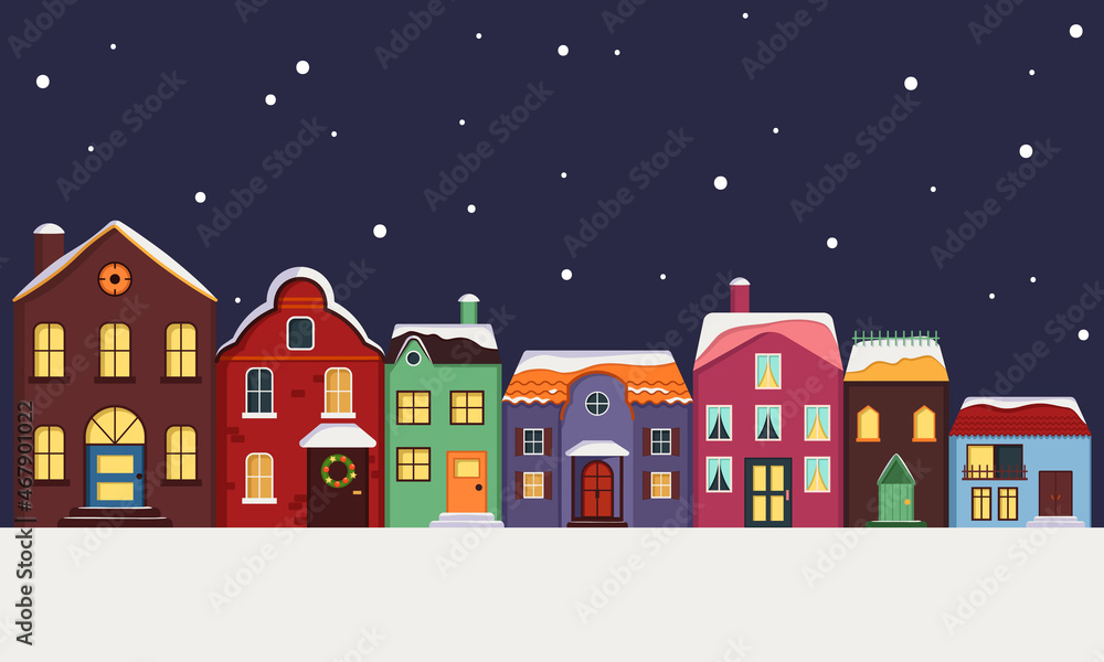 City street of bright multicoloured houses with roof covered in snow, light in windows and snowflakes on background. Merry holiday decorations for new year and Christmas. Winter and festive elements