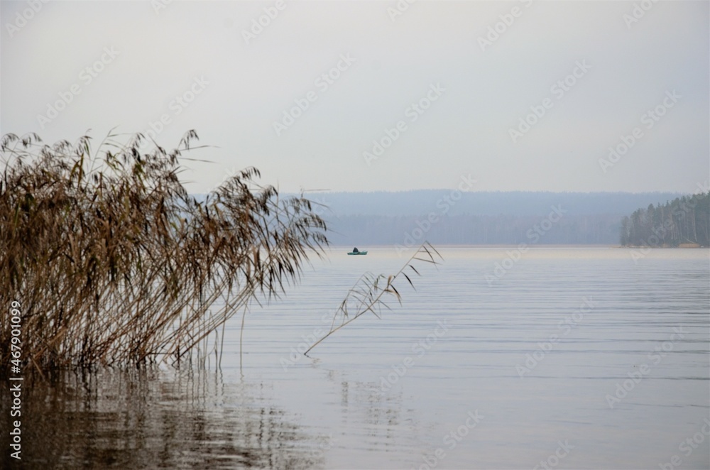 beautiful peaceful lake in the distance boat, minimalist landscape beautiful peaceful lake in the distance boat, minimalist landscape