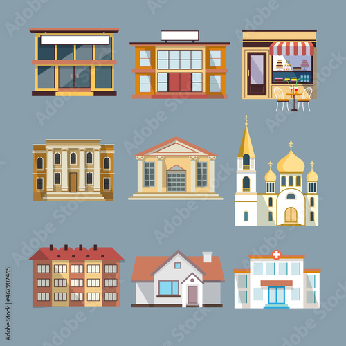 Flat city buildings. Orthodox church, school, bank, shop, modern office center, hospital facade, residential building and city hall building.
