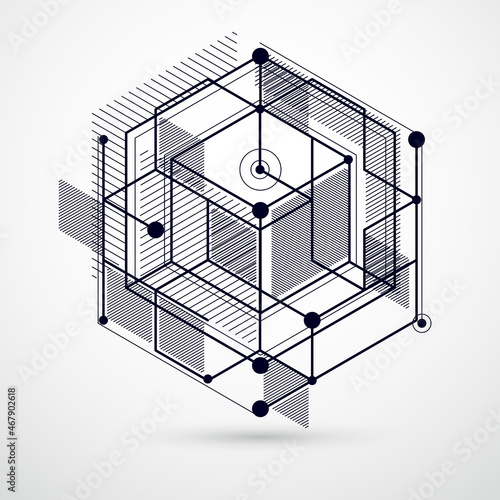 Modern isometric vector abstract black and white background with geometric element. Layout of cubes, hexagons, squares, rectangles and different abstract elements.