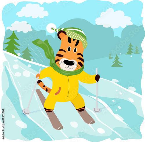 Cute tiger skiing. Vector illustration of sports animal in winter. Cartoon style