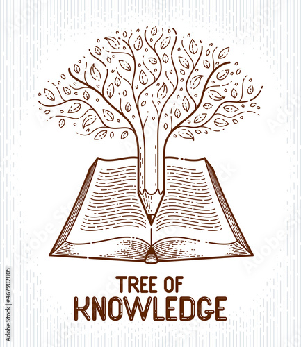 Tree combined with pencil over open vintage book education or science knowledge concept, educational or scientific literature library vector logo or emblem.