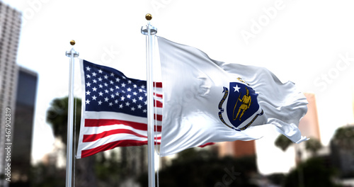 Bild auf Leinwand the flag of the US state of Massachusetts waving in the wind with the American f