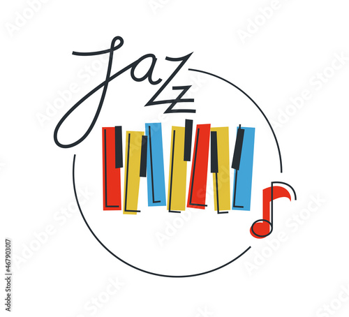Jazz music emblem or logo vector flat style illustration isolated, grand piano logotype for recording label or studio or musical band.