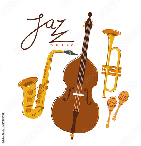 Jazz music band poster vector flat illustration, live sound festival or concert advertising flyer or banner, play different instruments orchestra.
