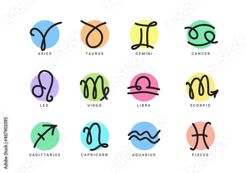 Zodiac sign written by a pen. Astrological symbols of the twelve zodiacal constellations isolated on white background. Vector illustration