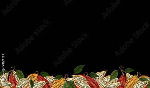 Cocoa background. Organic healthy food backdrop. Cocoa beans border. Hand drawn cacao branch with fruits. Great for banner, poster, label. Cocoa leaves, seeds, cocoa collection. Superfood cacao.