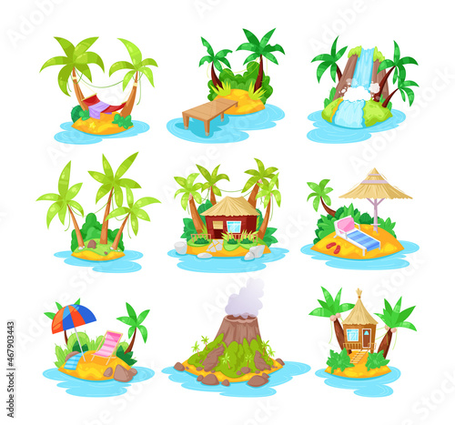 Set tropical islands in ocean with palm, bungalow, volcano, waterfall.