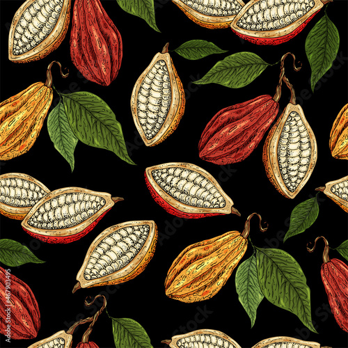 Cocoa pattern. Organic healthy food background. Cocoa beans print. Hand drawn cacao branch with fruits. Great for textie, fabric, banner. Cocoa beans, leaves, seeds, cocoa texture. Superfood cacao.