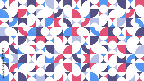 Geometric abstract seamless pattern with colorful simple elements of geometry, wallpaper background in retro 70s style, Bauhaus constructive style tiles.