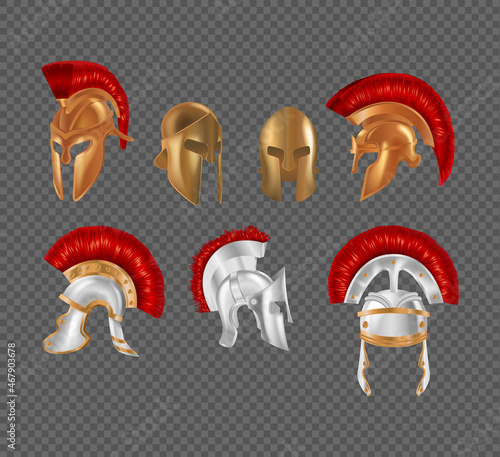 Ancient Greek warrior helmet set. Spartan antique protective headgear. Military gladiator outfit