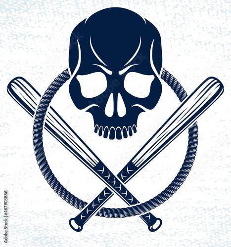 Gang brutal criminal emblem or logo with aggressive skull baseball bats design elements, vector anarchy crime terror retro style, ghetto revolutionary.