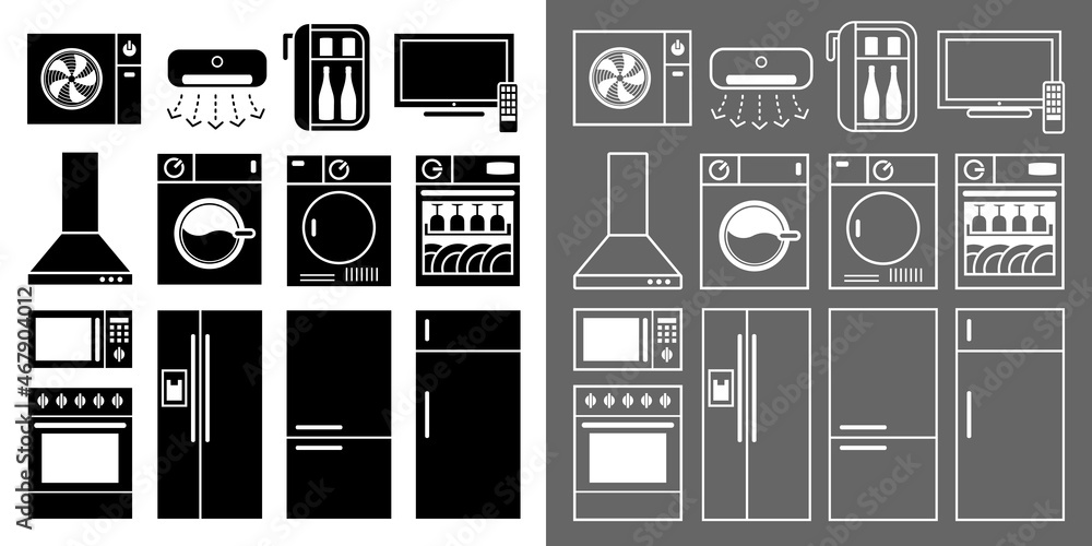 Collection de pictogrammes d’appareils ménagers qui fonctionnent à l’électricité sous forme de silhouettes noires ou de trait blanc.