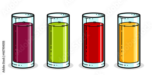 Juice set of green red and orange in a glasses isolated on white background vector illustration, cartoon style logo or badge for pure fresh juice, diet food beverage delicious and healthy.