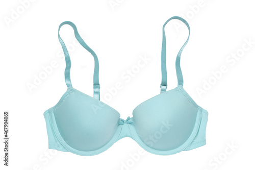 Bra isolated. Closeup of beautiful female stylish blue bra with straps isolated on a white background. Fashionable sexy women underwear.