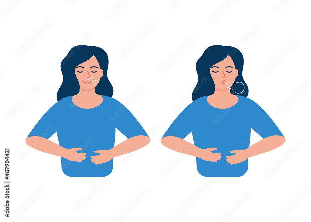 Girl is doing breathing exercise, deep exhale and inhale. Breathing exercise. Healthy yoga and relaxation. Vector illustration Girl is doing breathing exercise, deep exhale and inhale. Breathing exercise. Healthy yoga and relaxation. Vector illustration