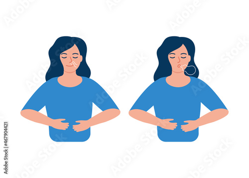 Girl is doing breathing exercise, deep exhale and inhale. Breathing exercise. Healthy yoga and relaxation. Vector illustration photo