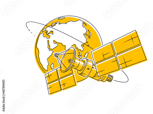 Satellite orbiting around earth, spaceflight, communication spacecraft space station with solar panels and satellite antenna plate. Thin line 3d vector illustration.