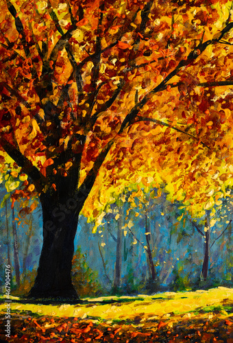 Autumn landscape painting. Warm autumn trees in sanny sun forest. photo