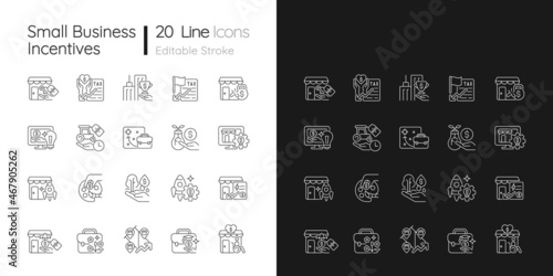 Small business incentives linear icons set for dark and light mode. Startups financial support. Customizable thin line symbols. Isolated vector outline illustrations. Editable stroke