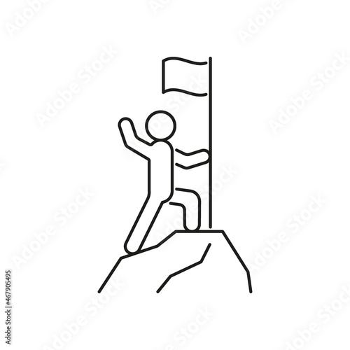 Achievement man win on peak mountain with flag, success career, seize goal, line icon. Mountain top conquest, rock climbing. Plans for success, motivation. Vector illustration