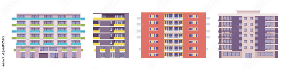 Multi story apartment set, functional and ergonomic modern design. Residential living apartment, conveniently designed commercial city building. Vector flat style cartoon illustration, modular units