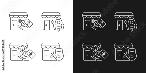 Startup fast growth linear icons set for dark and light mode. Small business launch. Payments reduction. Customizable thin line symbols. Isolated vector outline illustrations. Editable stroke