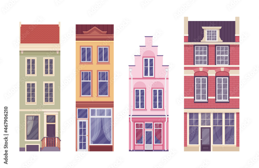 Townhouse set, tall narrow houses in town or city. Multilevel residential separate buildings, beautiful Dutch exterior, first floor for cafe, shop, store rent. Vector flat style cartoon illustration