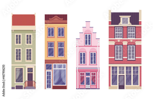 Townhouse set, tall narrow houses in town or city. Multilevel residential separate buildings, beautiful Dutch exterior, first floor for cafe, shop, store rent. Vector flat style cartoon illustration