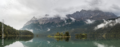 Panorama from Lake Eibsee with the Zugspitze in the Background