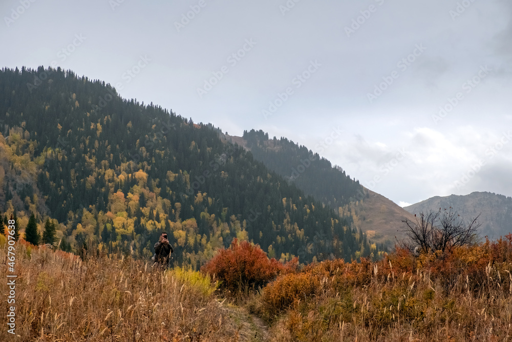 Beautiful golden autumn in mountains landscape. Autumn forest background. Colorful red, orange, green forest in mountains. Dzhungarian Alatau in Kazakhstan. Tourism, travel concept.