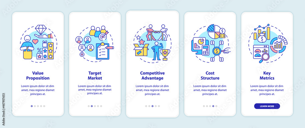 Business model components onboarding mobile app page screen. Company development walkthrough 5 steps graphic instructions with concepts. UI, UX, GUI vector template with linear color illustrations