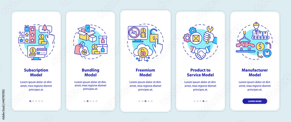 Types of business models onboarding mobile app page screen. Commerce walkthrough 5 steps graphic instructions with concepts. UI, UX, GUI vector template with linear color illustrations