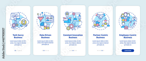 Successful business models onboarding mobile app page screen. Company structure walkthrough 5 steps graphic instructions with concepts. UI, UX, GUI vector template with linear color illustrations