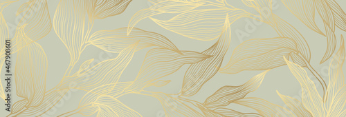 Luxury floral pattern with gold leaves on a pastel green background. Vector illustration with plant elements in line art style for covers, advertisements, wedding invitations, cards, wallpapers 