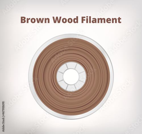 Vector illustration of brown wood or wooden filament for FDM 3D printing wounded on a spool. 3D printer thermoplastic material pla, abs, petg, asa or pc. Sawdust, wooden fibers in thermoplastic matrix