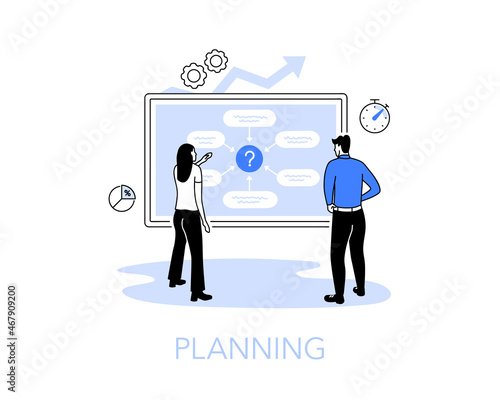 Illustration of a planning with two people standing by the white board with a process flow diagram. Easy to use for your website or presentation.